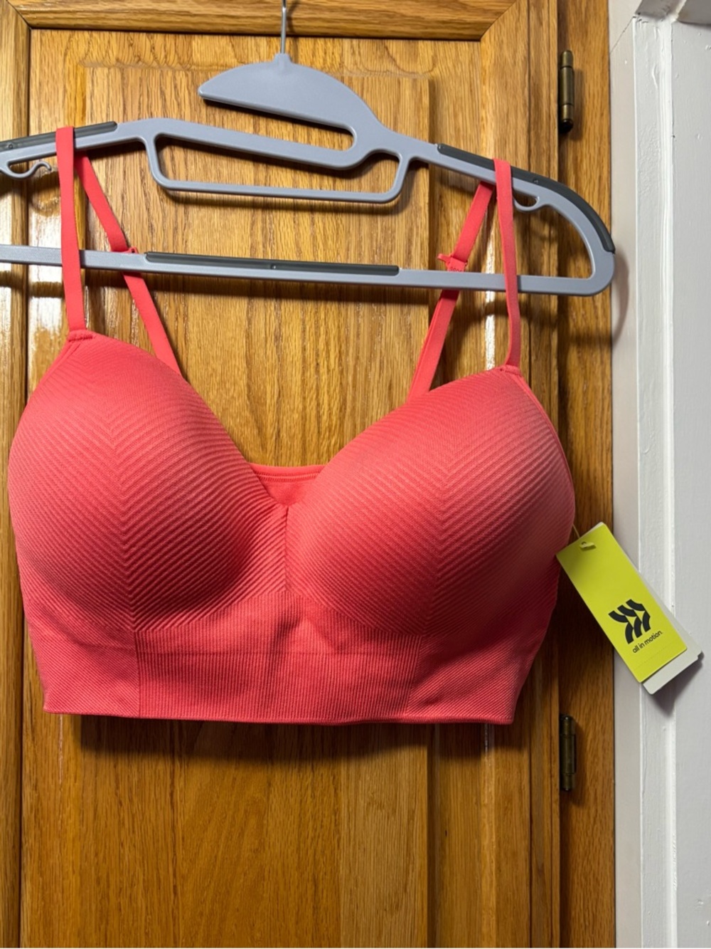 NWT All In Motion Light Red Ribbed Adjustable Medium Support Sports Br